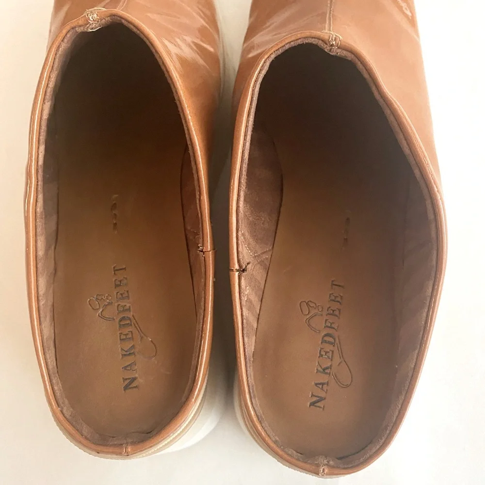 Naked Feet Patent Platform Mules in Cognac and Cream
